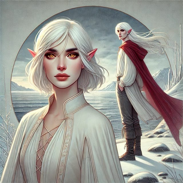 A white-haired elf beside a dark-haired elf man