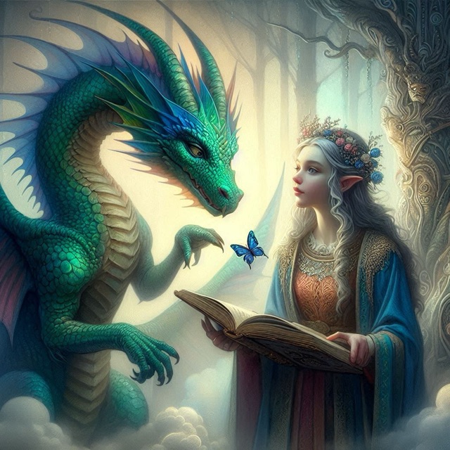 A dragon reading with an old storyteller