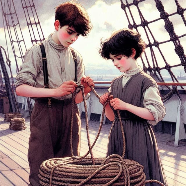 Two children tying knots on deck