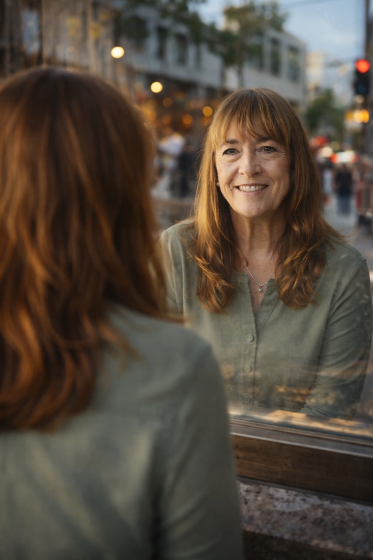 A woman catching her reflection in a shop window